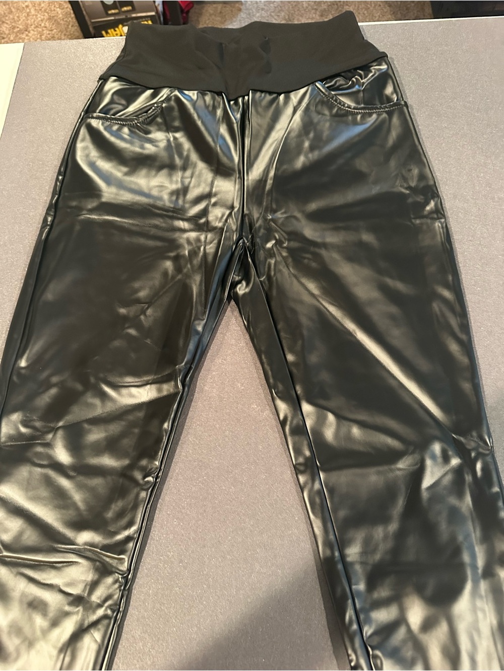Black Faux Leather Leggings w/ Polyester Waist